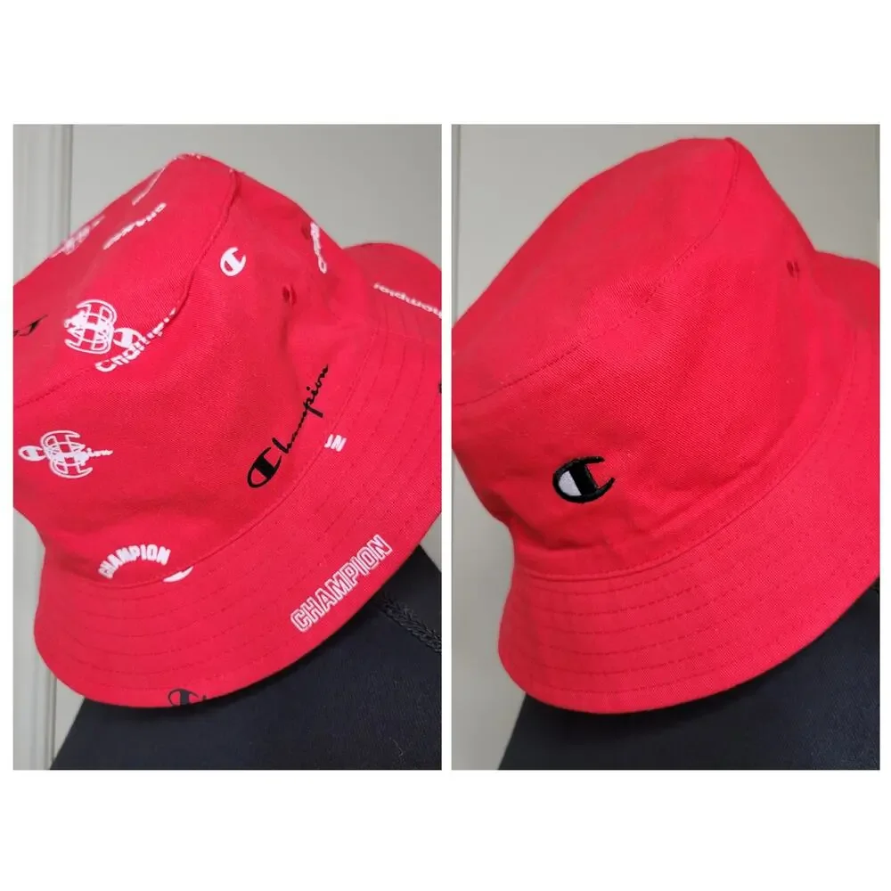 NWOT Champion Reversible Logo Script Bucket Hat L/XL Red All Over Print Spellout